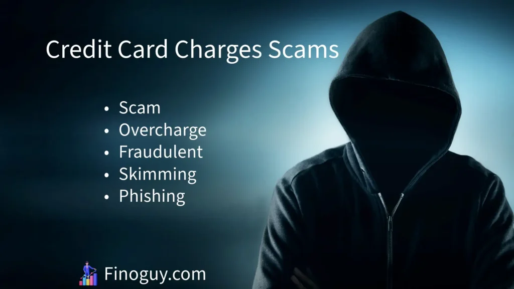 The image displays text about credit card charge scams.
It lists different types of scams including skimming, phishing, overcharge, and fraudulent charges.