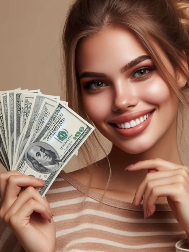 A beautiful similing women with dollars in left hand
