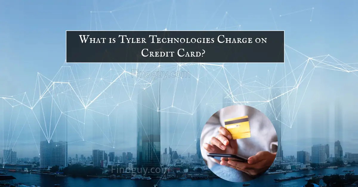 A person holding a credit card and a cell phone in their hands. The text on the image says "What is Tyler Technologies charge on credit cards?